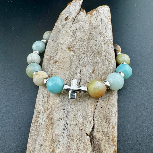 Amazonite Bracelet with Silver Cross 7"
