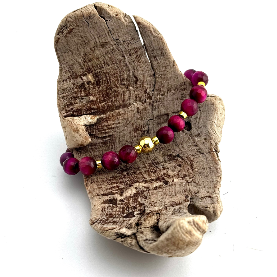 Fushia Tigereye Gemstones Bracelet | 18K Gold-filled Bead | 18K Gold-plated Discs 45