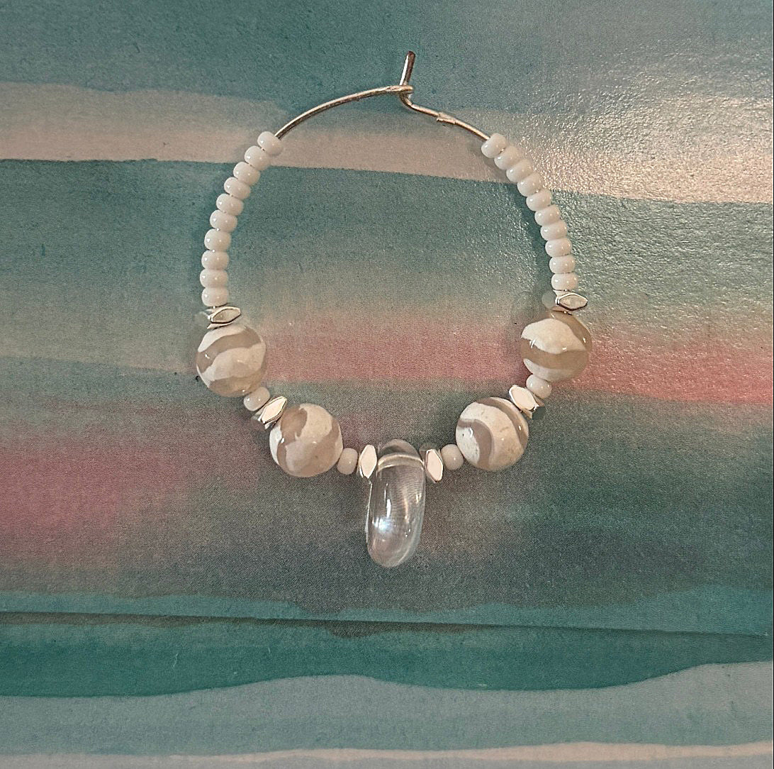 Hoop Earring with White & Tan Zebra Jasper Gemstones, Transparent Glass Center, and White Seed Beads 2"