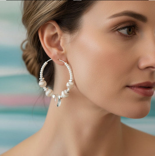 Hoop Earring with White & Tan Zebra Jasper Gemstones, Transparent Glass Center, and White Seed Beads 2"