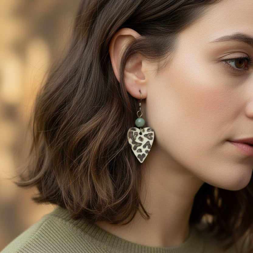 Earrings | Zentangles | Heart-shaped | Cheetah Designs | Green Jade Gemstones | Small Design | 1.5"