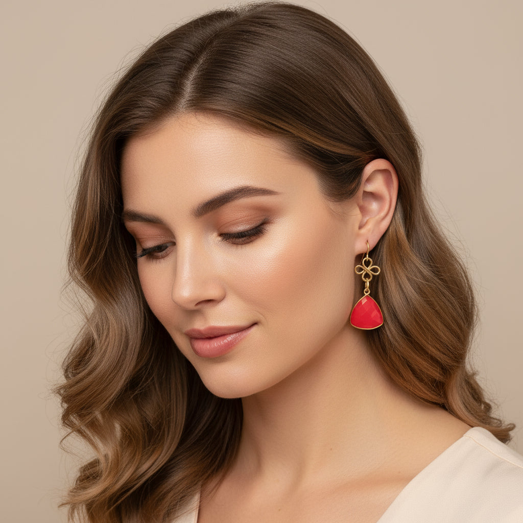 Earrings | Coral Gemstones with Gold-filled Bezels | Wire-Wrapped Clover Designs | 2"