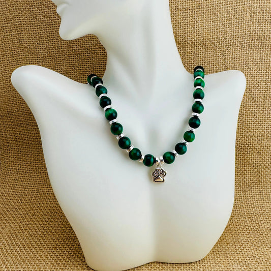 Green Tiger Eye Paw Print Pendant Necklace 19"