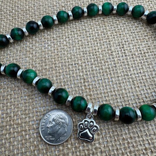 Green Tiger Eye Paw Print Pendant Necklace 19"
