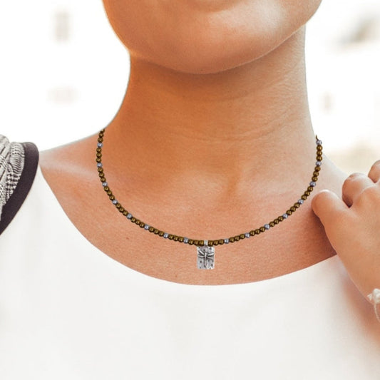 Minimalist Bronze & Gray Pearl Necklace with Dragonfly Charm 17"