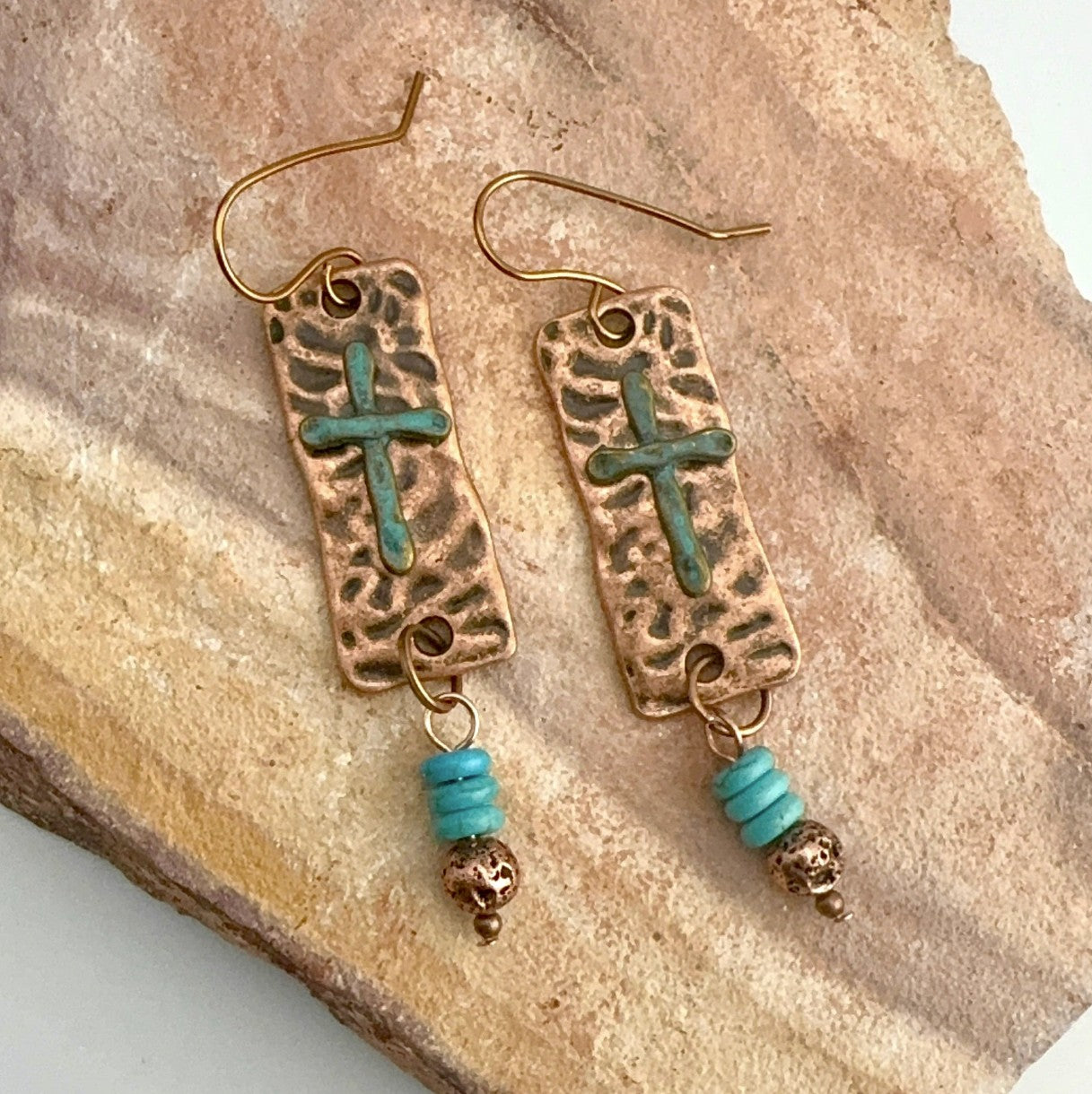 Earrings | Hammered Copper Bar with Turquoise Crosses | Turquoise Gemstones | Copper-plated Lavastone | 3"