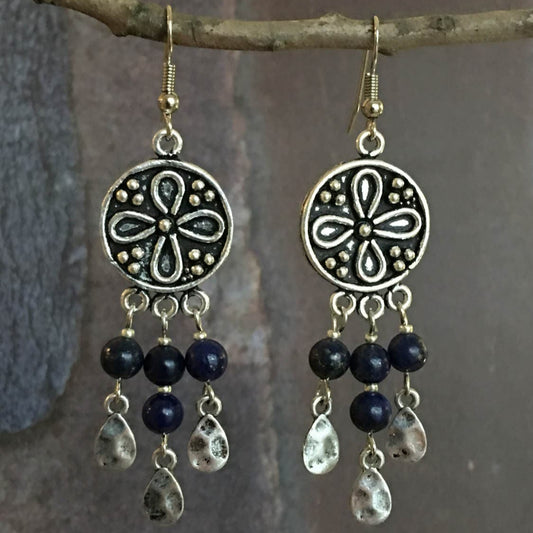 Lapis & Antique Silver Chandelier Earrings 3"