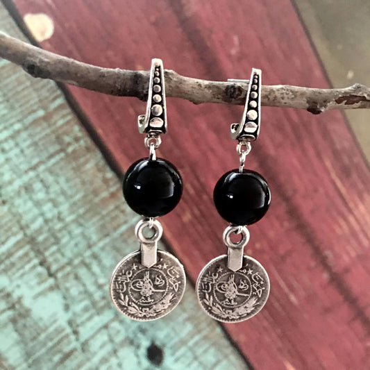 Onyz Earrings with Turkish Coin Replica Earrings 2.25"