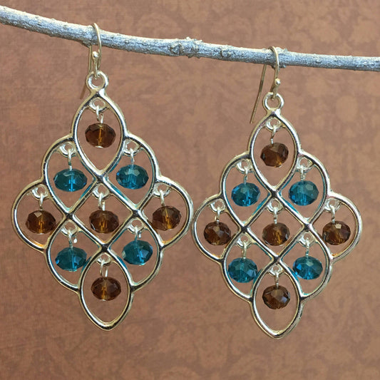 Teal & Brown Chandelier Earrings  2.5 "
