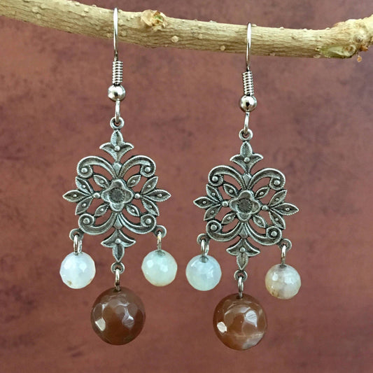 Moonston & Antique Silver Chandelier Earrings  2.25"