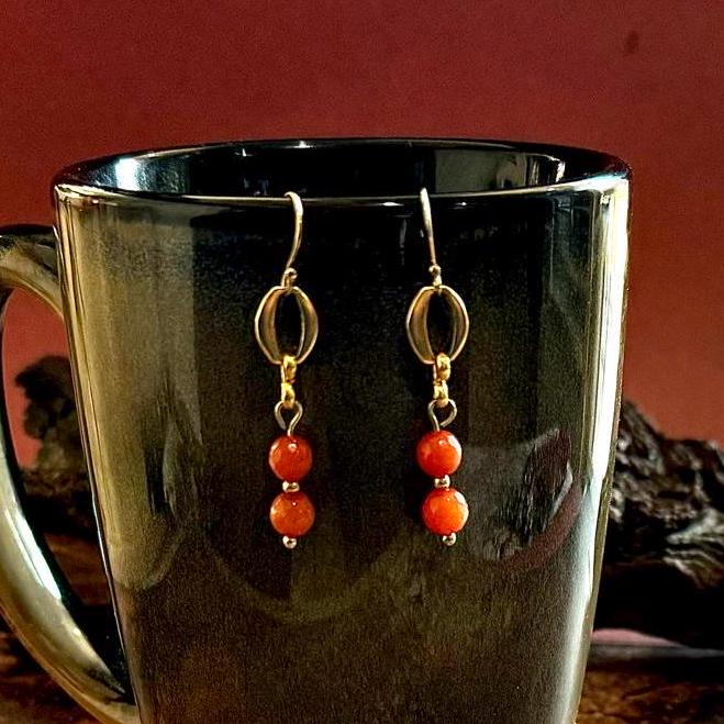 Earrings | Coral Gemstones | Gold-filled Chain |  1.75"