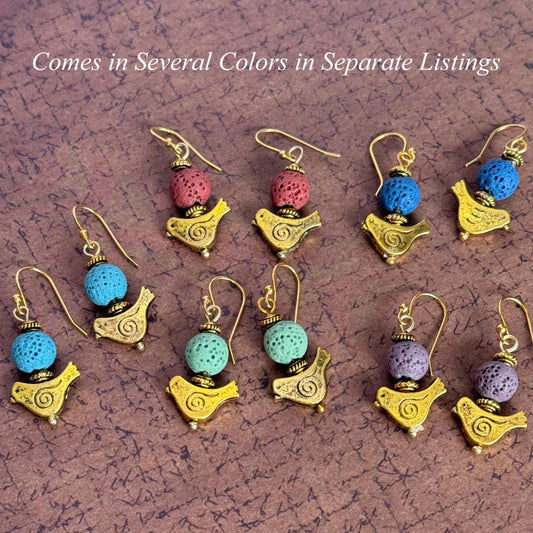 Bird Earrings with Turquoise Lava Stone Beads 1.5"