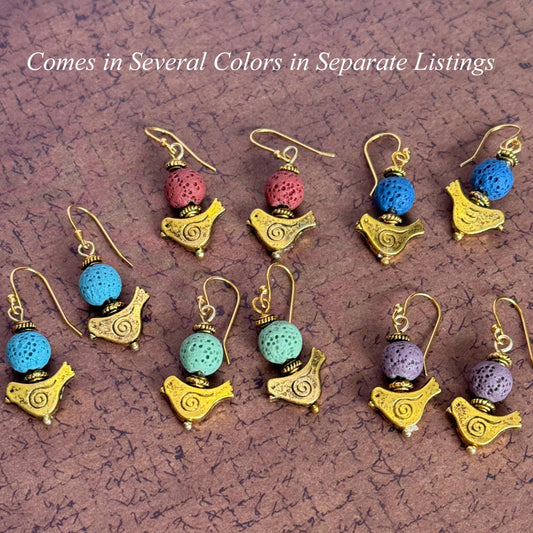 Bird Earrings with Blue Lava Stone Beads 1.5"