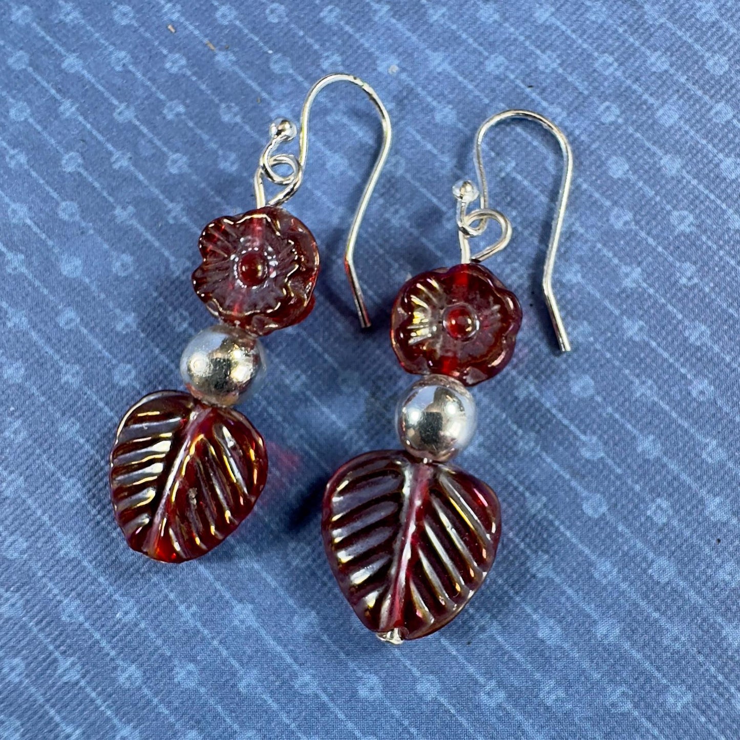 Earrings | Red Flower Czech Beads | Silver-plated Round Beads | 1.75"