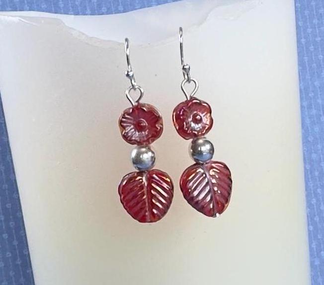 Earrings | Red Flower Czech Beads | Silver-plated Round Beads | 1.75"