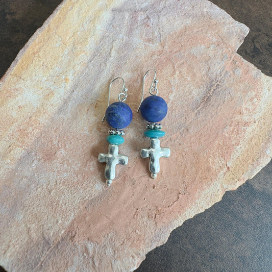 Lapis & Silver Cross Earrings  1.75"