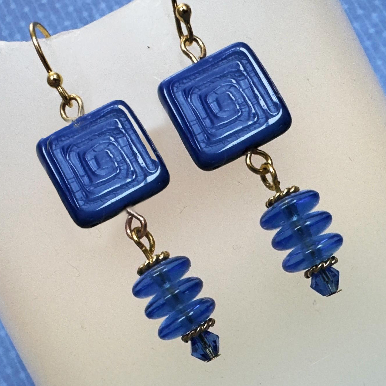 Blue Square and Rondell Czech Beads 2"