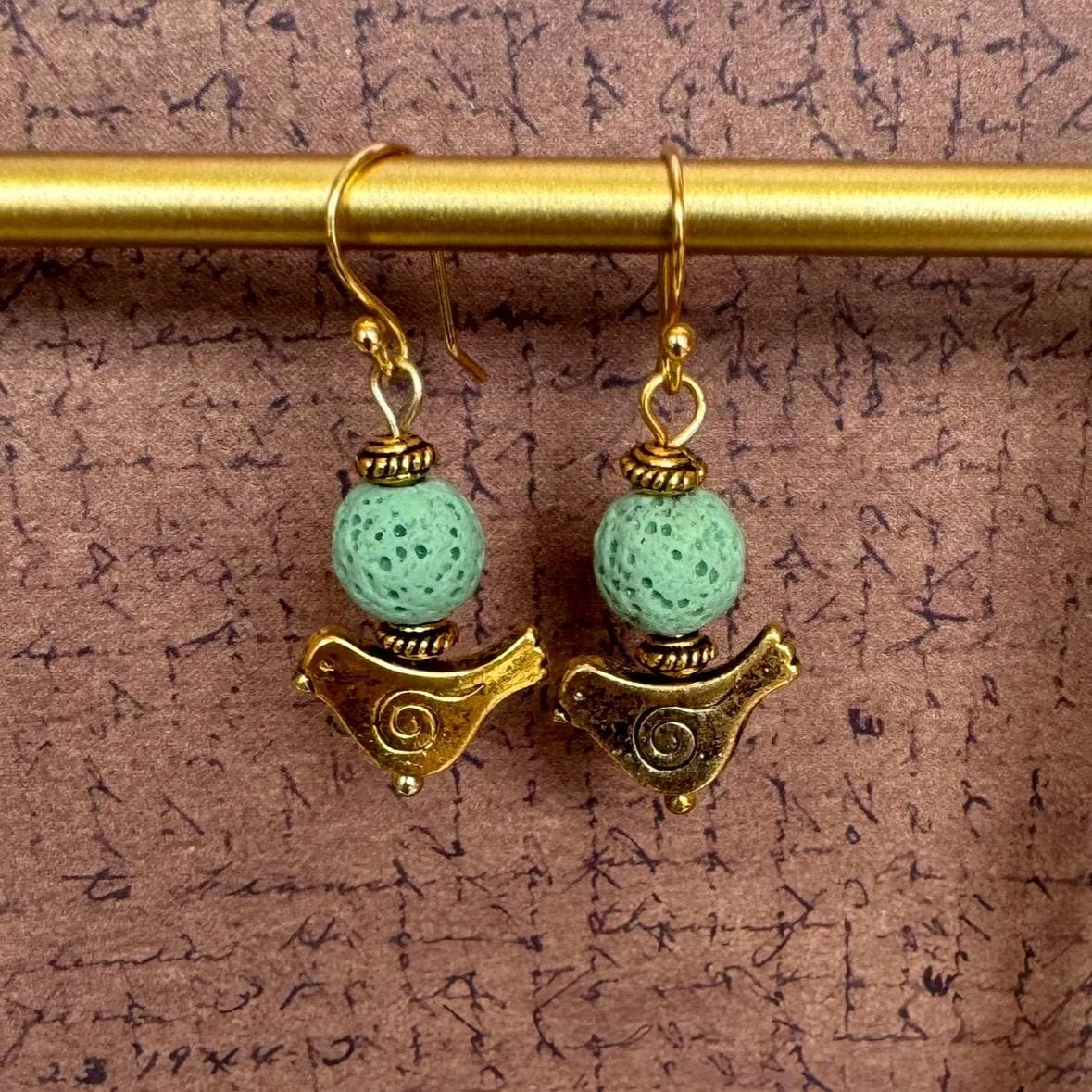 Bird Earrings with Coral Lava Stone Beads 1.5"