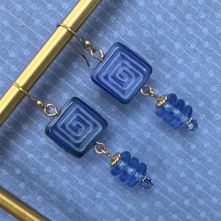 Blue Square and Rondell Czech Beads 2"