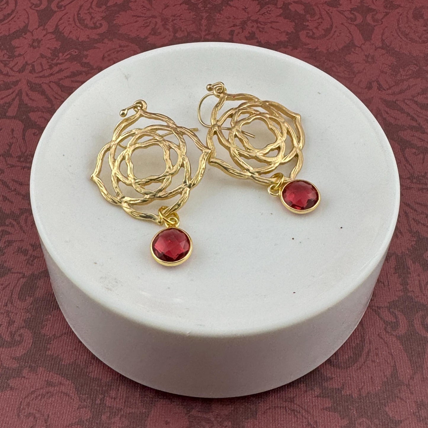 Matt Gold Rose & Pink Earrings  2"