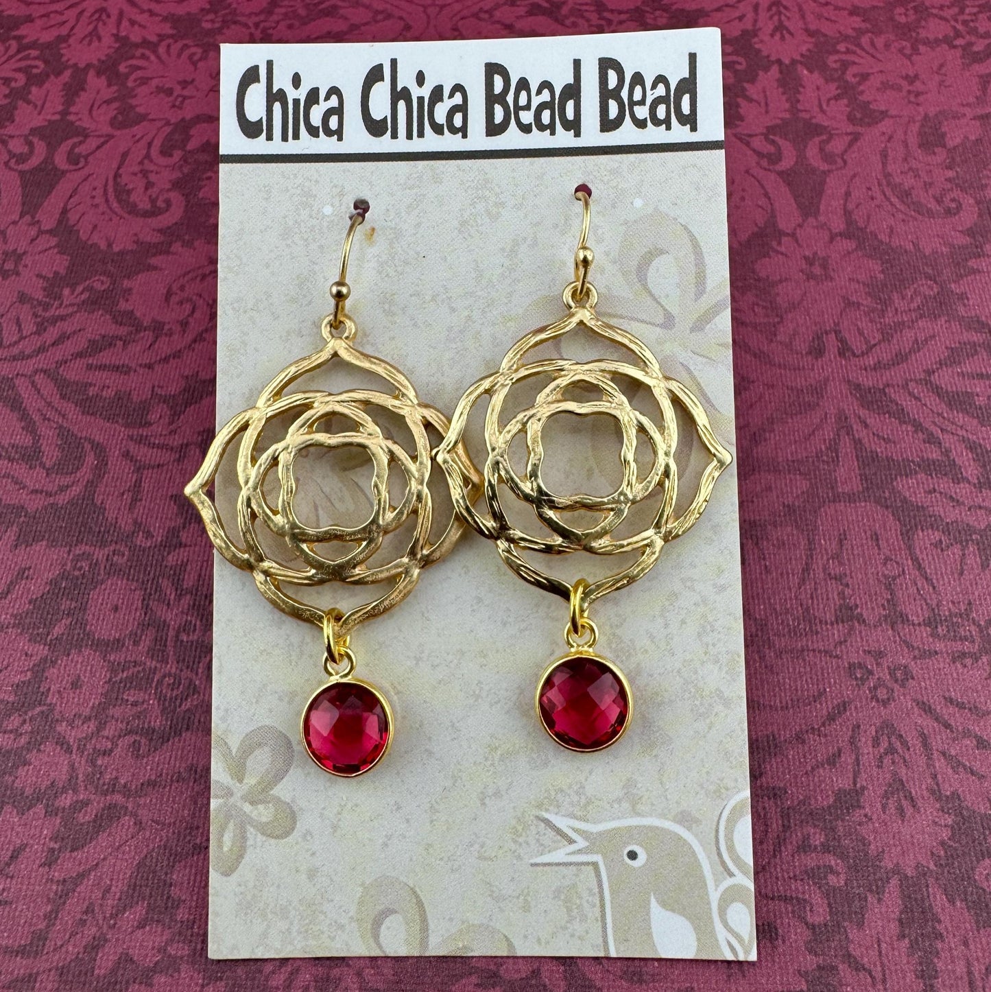 Matt Gold Rose & Pink Earrings  2"