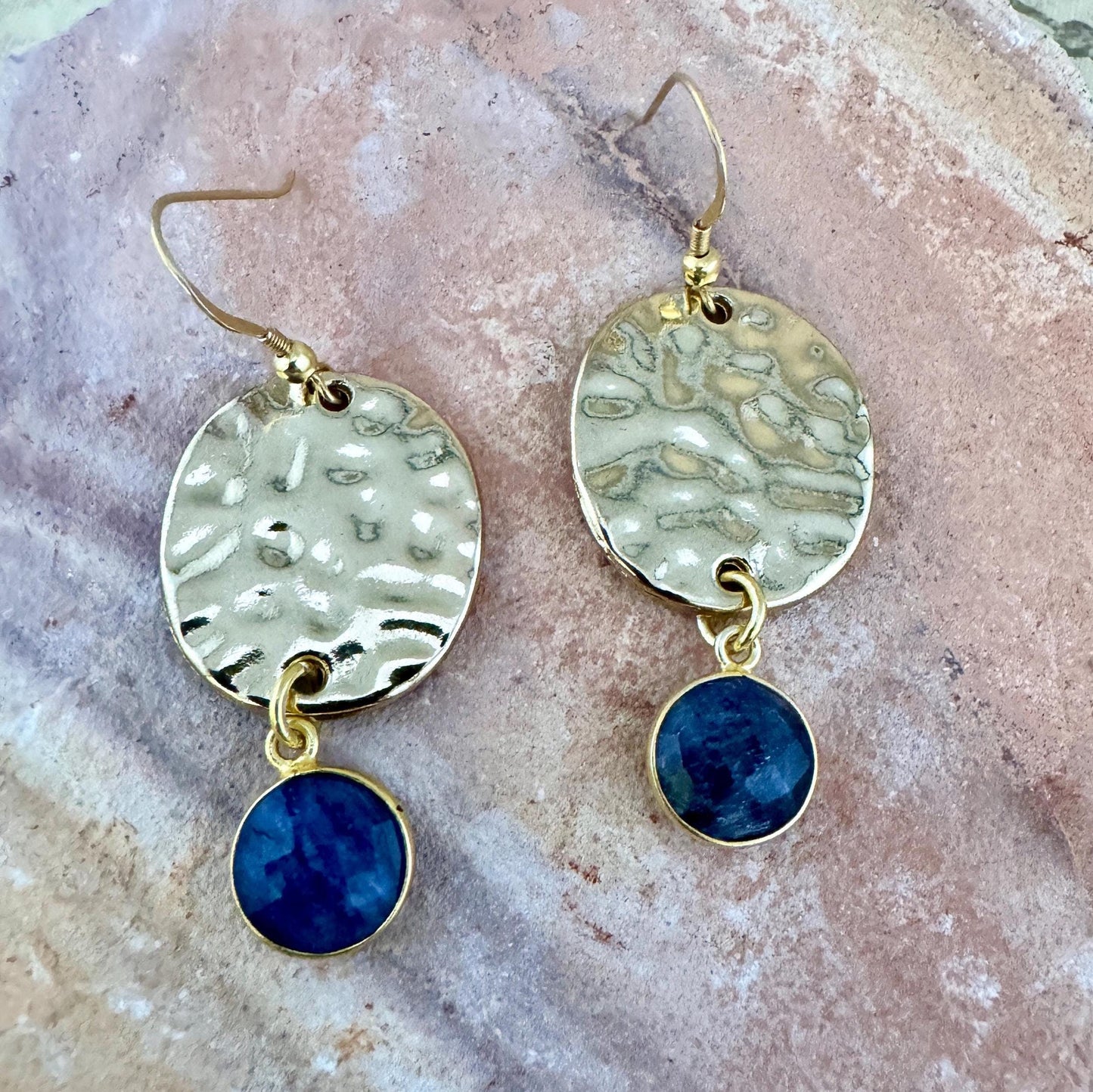 Hammered Gold & Sapphire Charm Earrings  2.25"