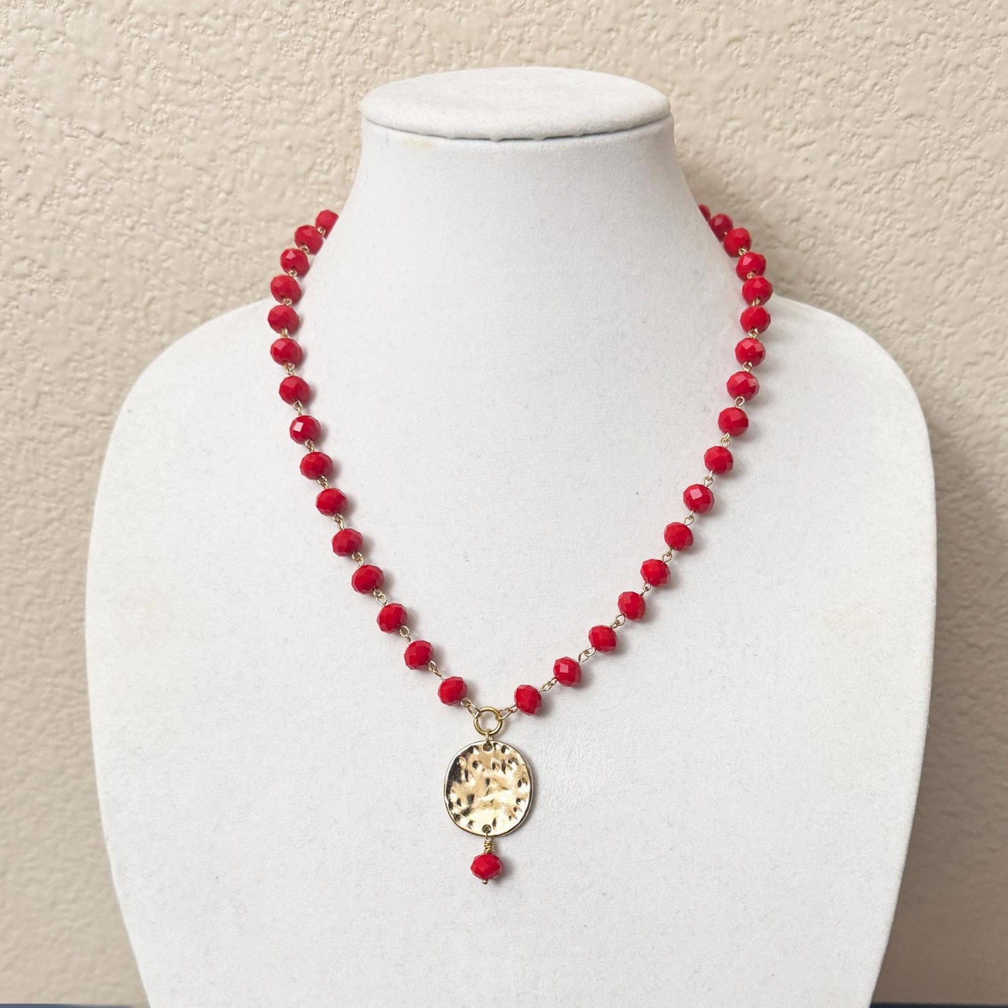 Red Necklace with Hammered Pendant  21"