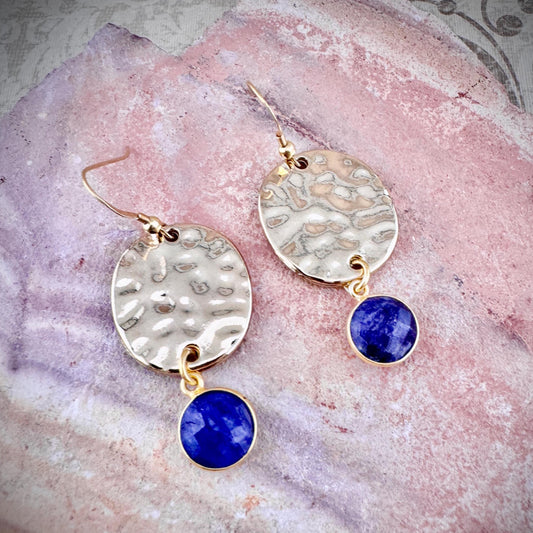 Hammered Gold & Sapphire Charm Earrings  2.25"