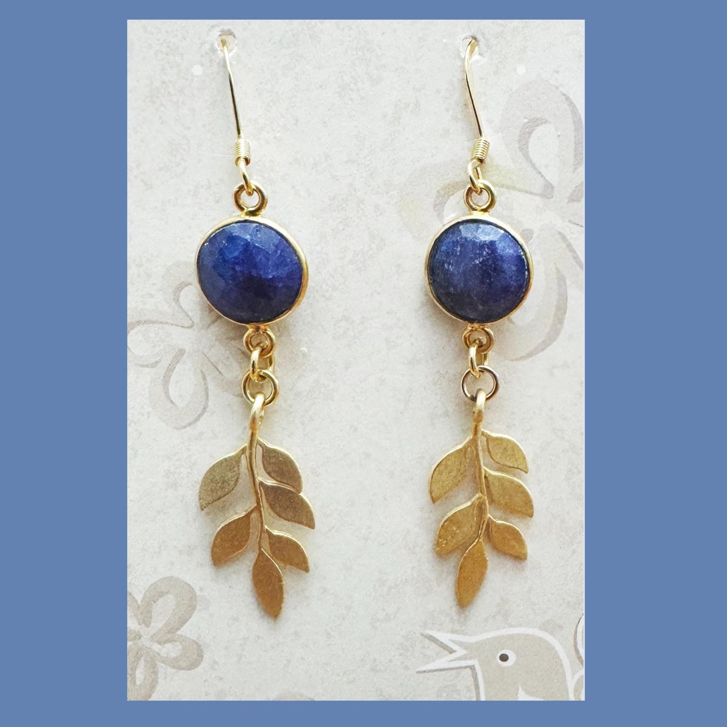 Earrings | Dyed Sapphire | Rhodium Leaves | 3"
