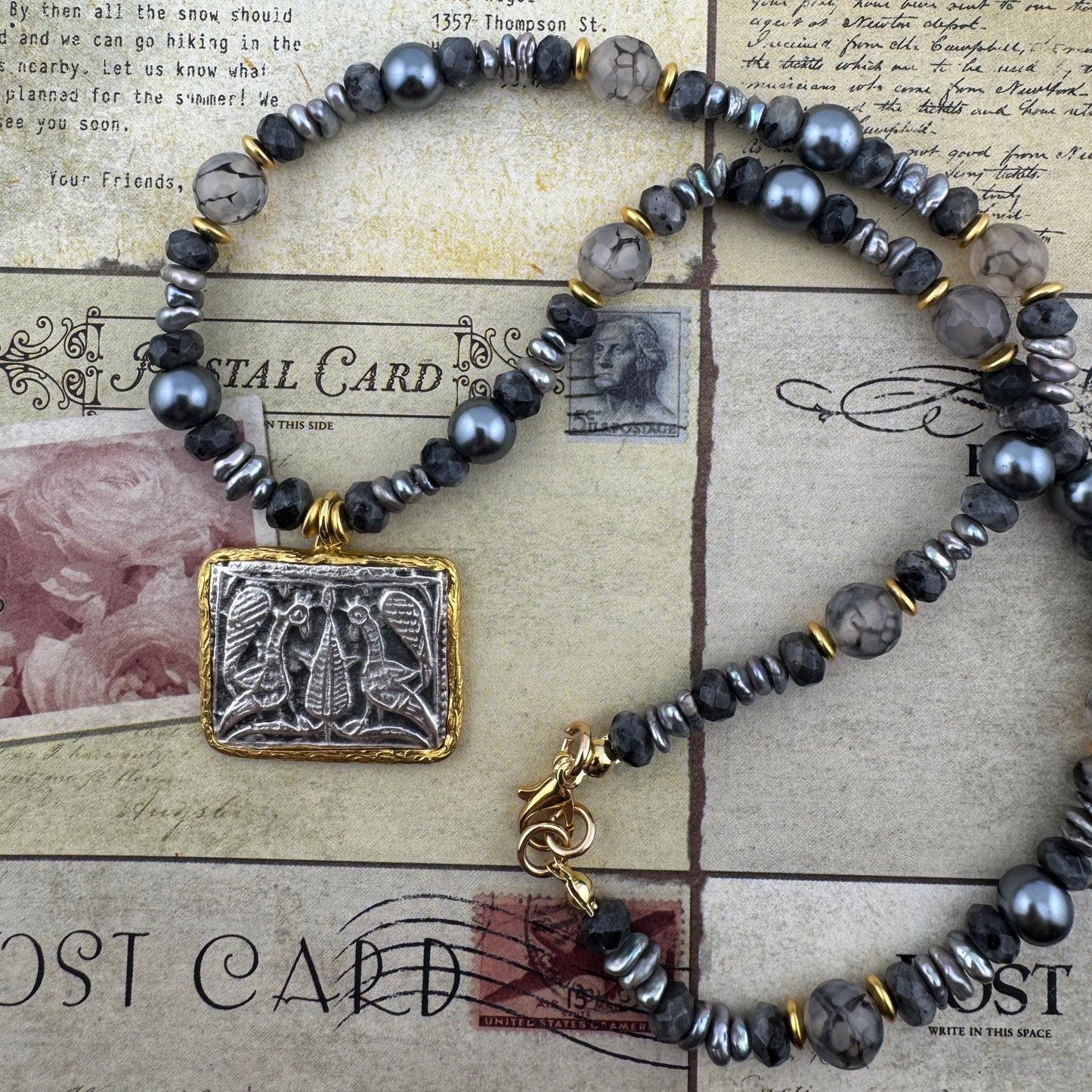Gray Necklace with  Peacock Egyptian Pendant 18"