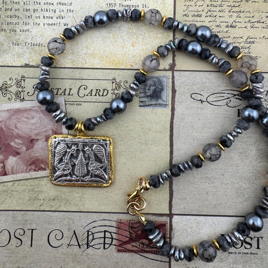 Gray Necklace with  Peacock Egyptian Pendant 18"