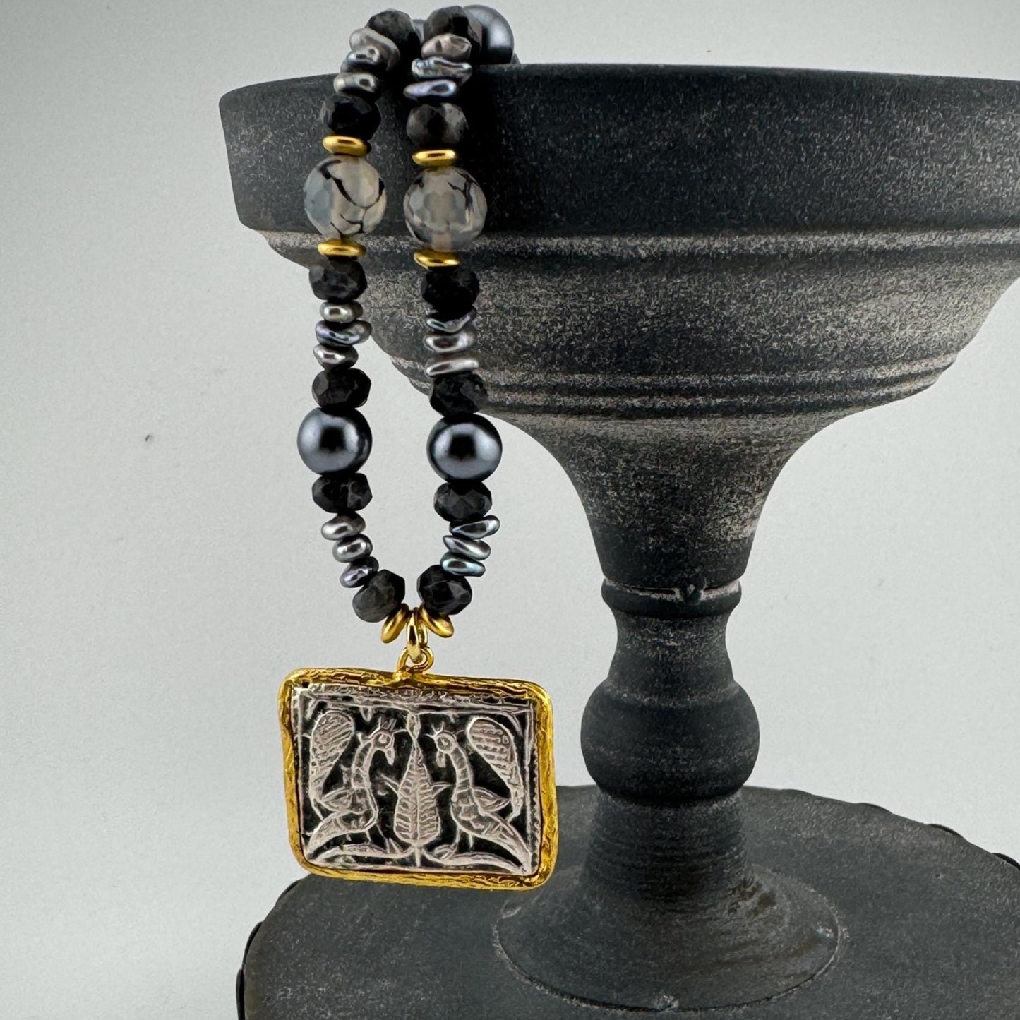 Gray Necklace with  Peacock Egyptian Pendant 18"