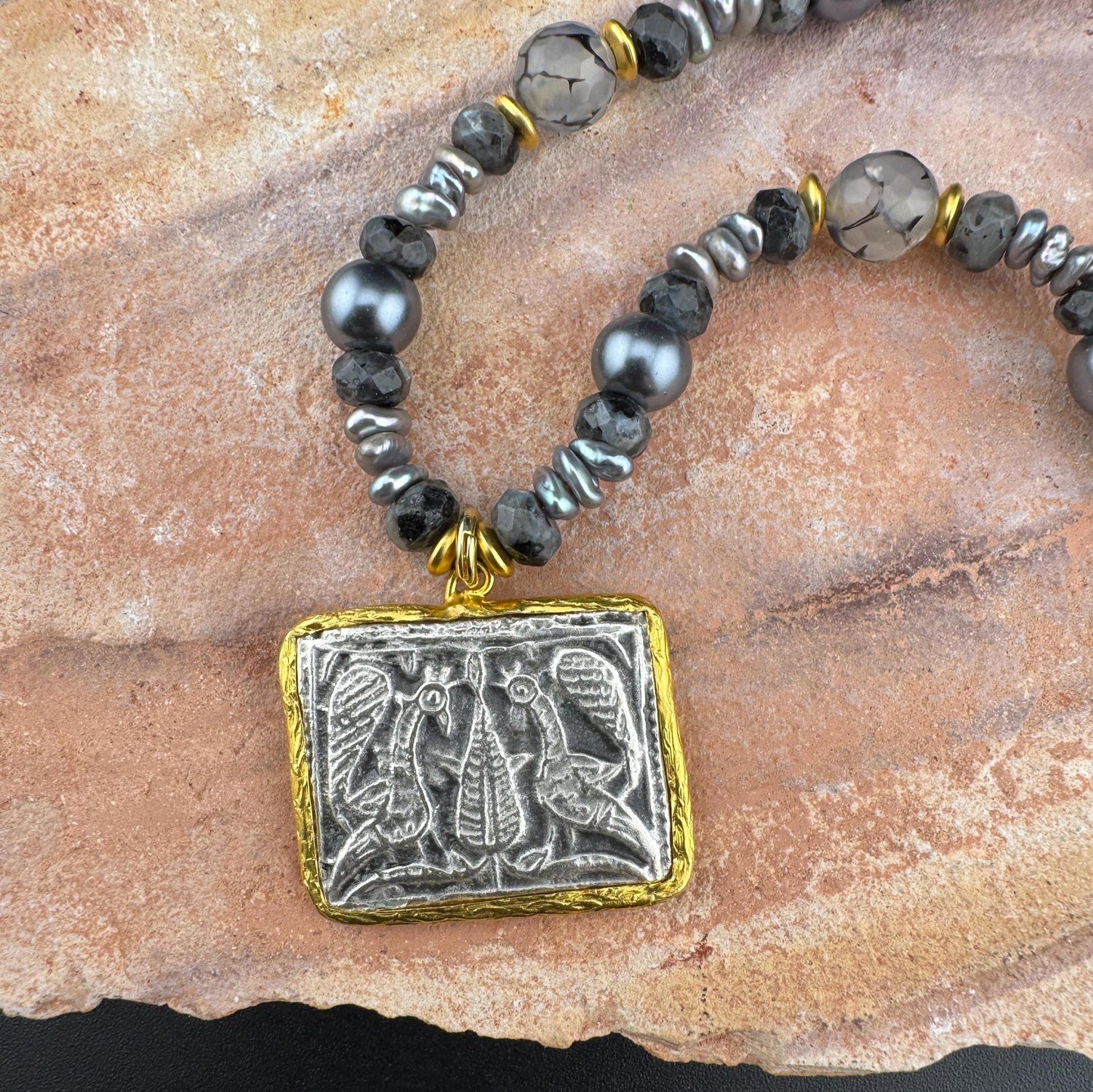 Gray Necklace with  Peacock Egyptian Pendant 18"