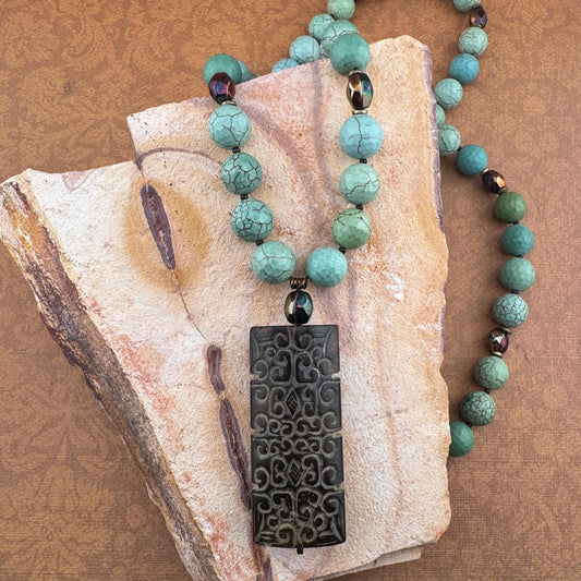 Turquoise Necklace with Carved Pendant  29”
