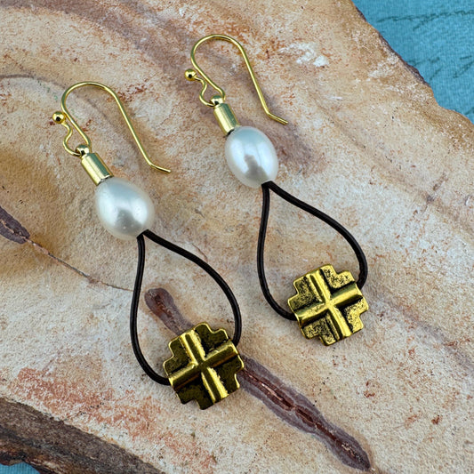 Pearl with Antique Gold Cross Earrings  2.75"