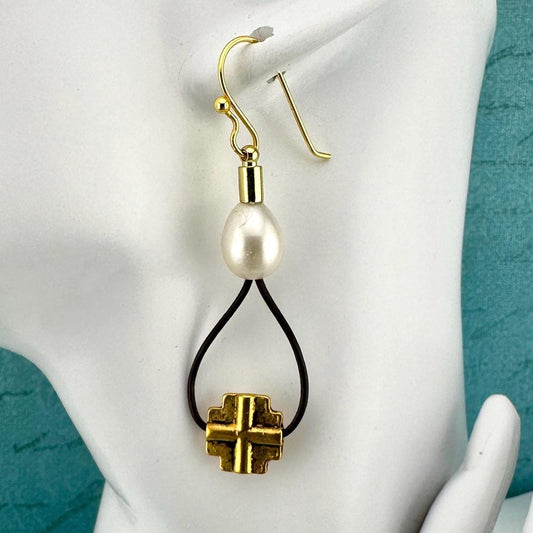 Pearl with Antique Gold Cross Earrings  2.75"