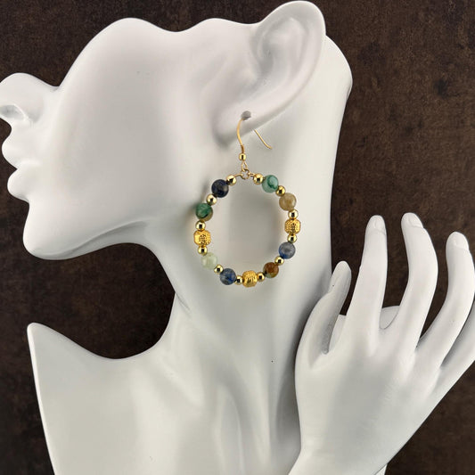 Chrysocolla Beads with Hoop Earrings  2.5"