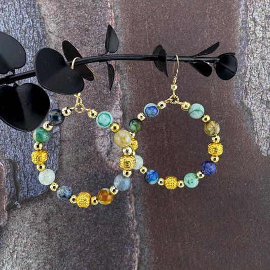 Chrysocolla Beads with Hoop Earrings  2.5"