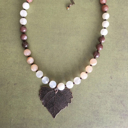 Moonstone Necklace with Copper Leaf Pendant  18"