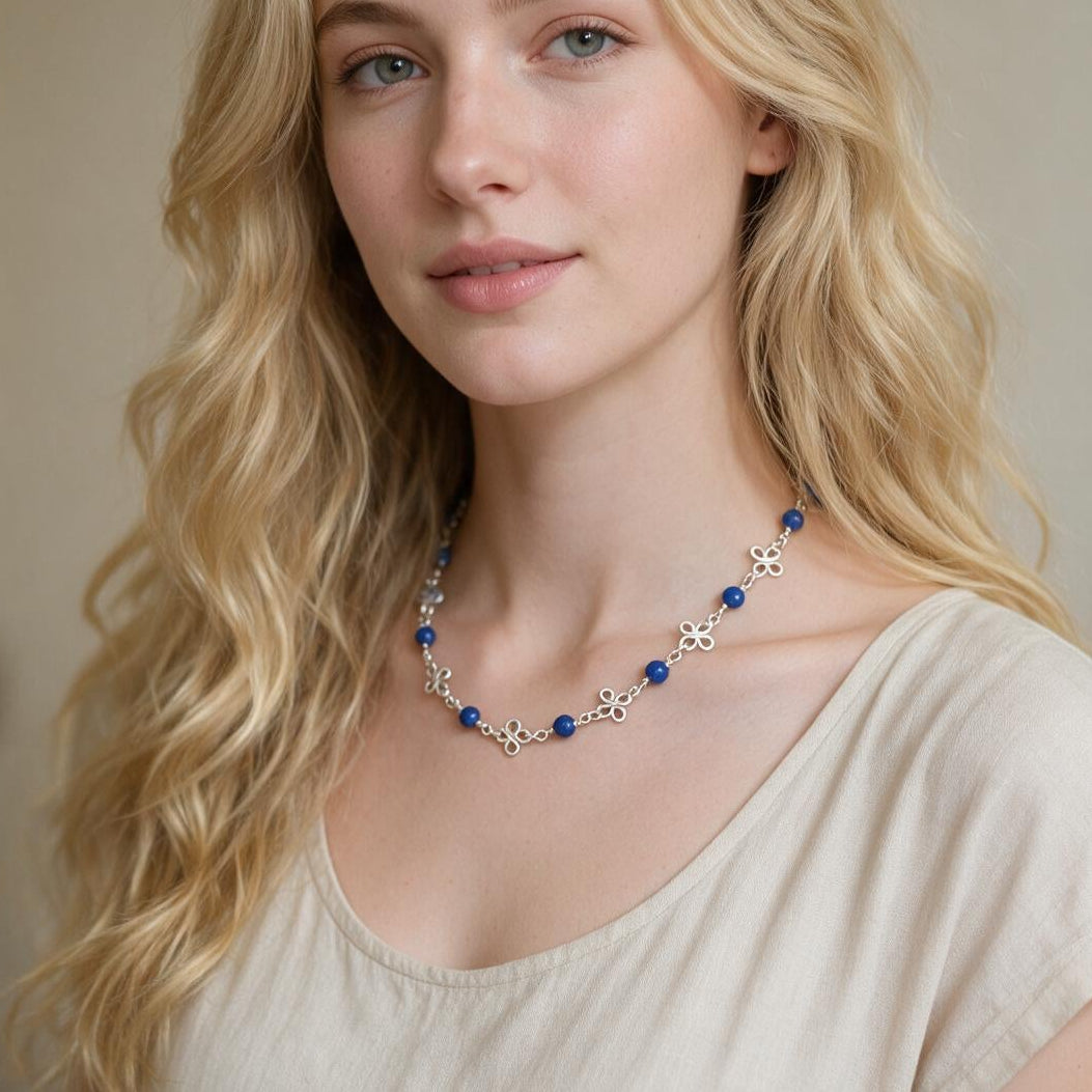 Wire-wrapped Silver Clover Necklace with Lapis Lazuli Gemstones | 16” | 2" Extension