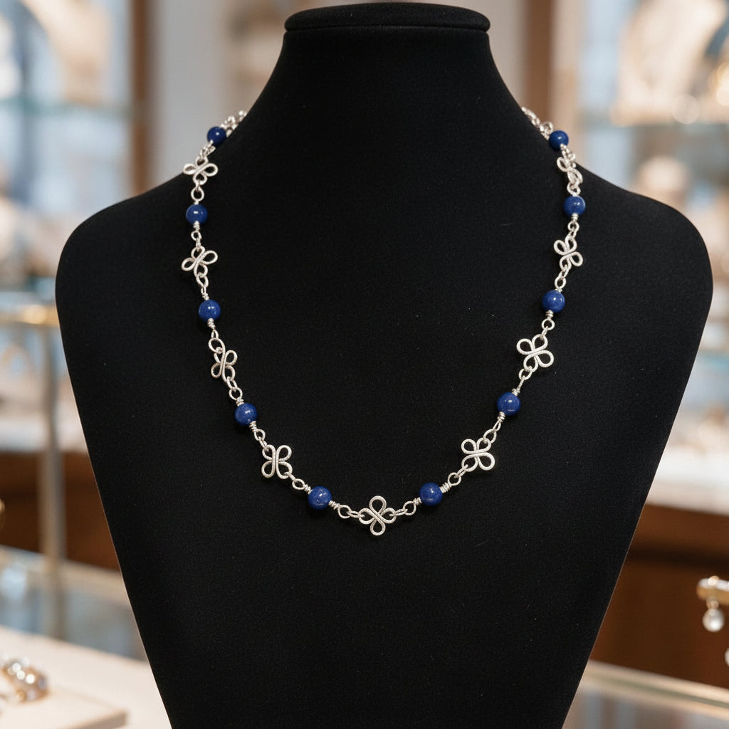 Wire-wrapped Silver Clover Necklace with Lapis Lazuli Gemstones | 16” | 2" Extension