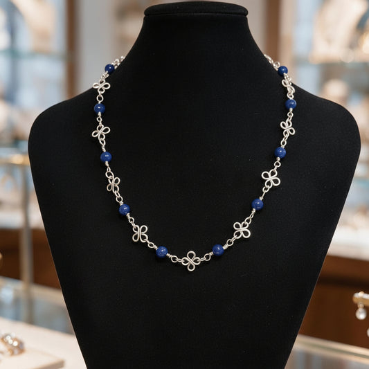 Wire-wrapped Silver Clover Necklace with Lapis Lazuli Gemstones | 16” | 2" Extension