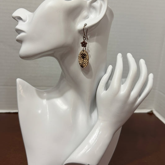 Earrings | Oval | Wood  | Flower | Wood-burned | Small | 2”