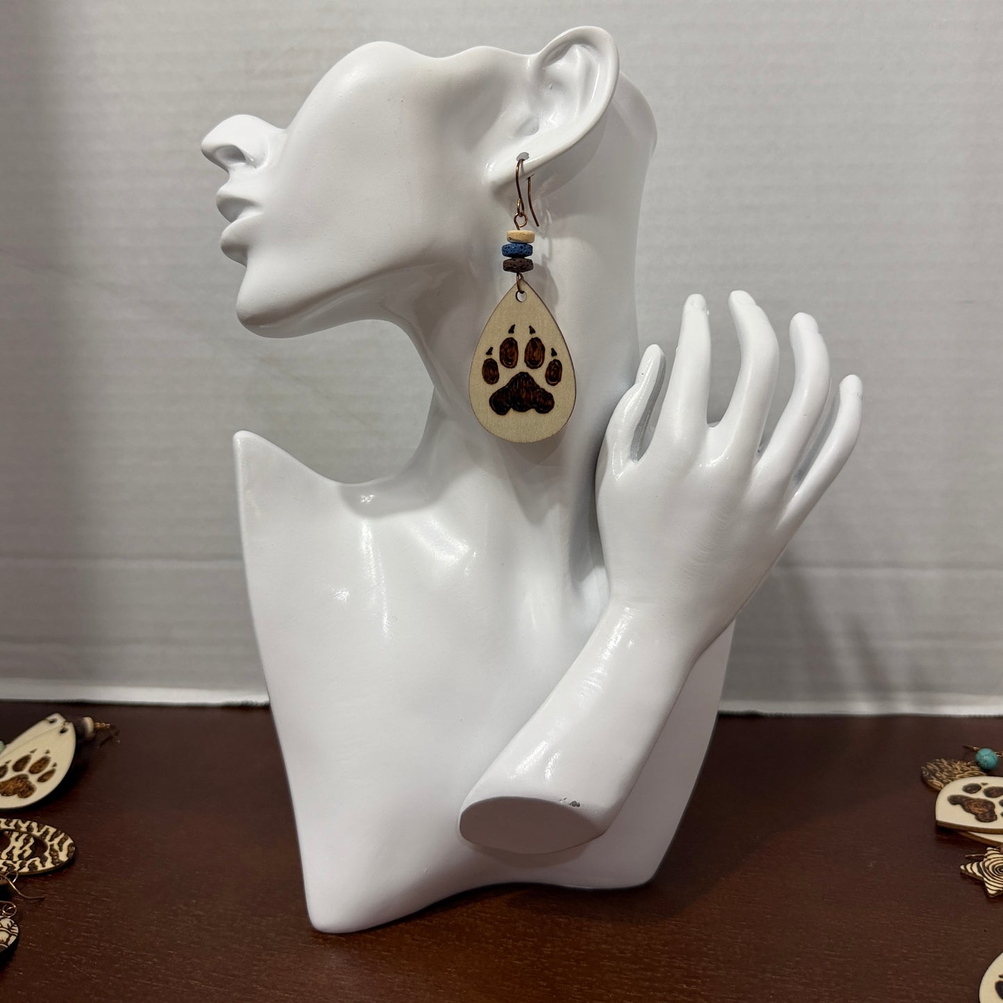 Earrings |Tear Drop Shape | Wood  | PawPrint with Claws  | Lava Stones | Large | 3"