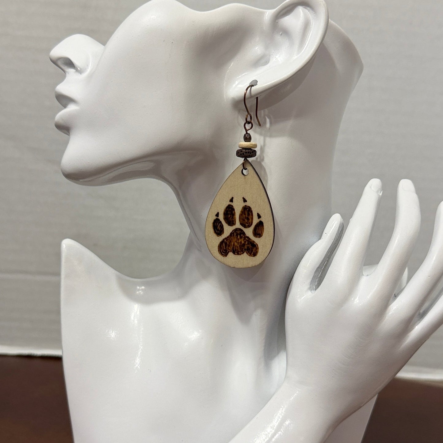 Earrings |Tear Drop Shape | Wood  | Pawprint with Claws  | Lava Stones | Large | 3"