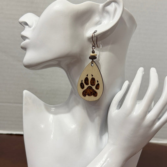Earrings |Tear Drop Shape | Wood  | Pawprint with Claws  | Lava Stones | Large | 3"
