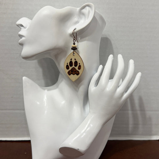 Earrings |Tear Drop Shape | Wood  | Pawprint with Claws  | Lava Stones | Large | 3"