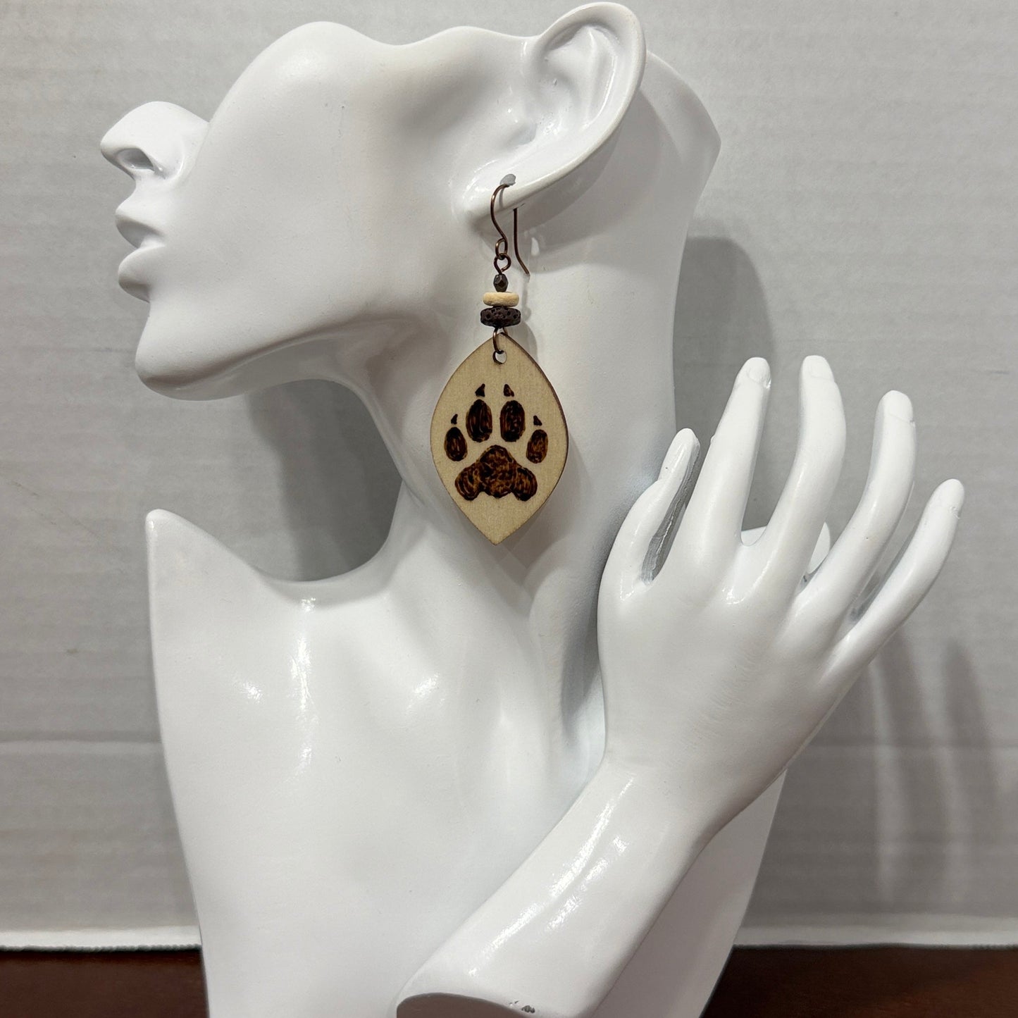 Earrings | Lens Shape  | Wood  | Pawprint | Wood-burned | Lava Stones | Large  | 3"