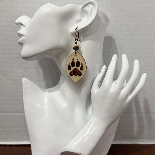 Earrings | Lens Shape  | Wood  | Pawprint | Wood-burned | Lava Stones | Large  | 3"