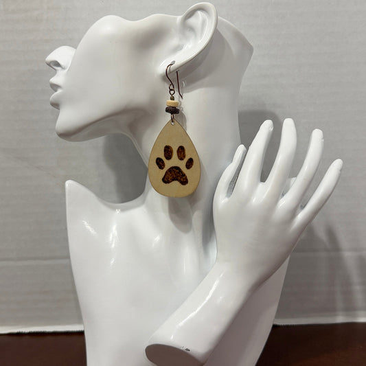 Earrings | Teardrop Shape  | Wood  | Pawprint | Wood-burned | Lava Stones | Large  | 3"